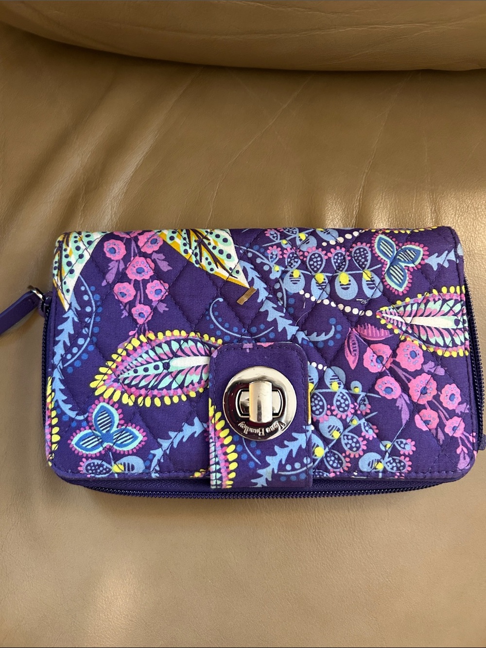 Vera Bradley Purple Quilted Floral Paisley Turnlock Wallet